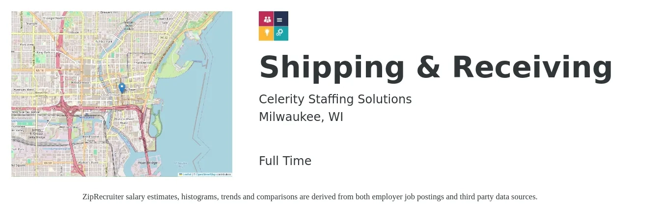 Celerity Staffing Solutions job posting for a Shipping & Receiving in Milwaukee, WI with a salary of $22 to $26 Hourly with a map of Milwaukee location.