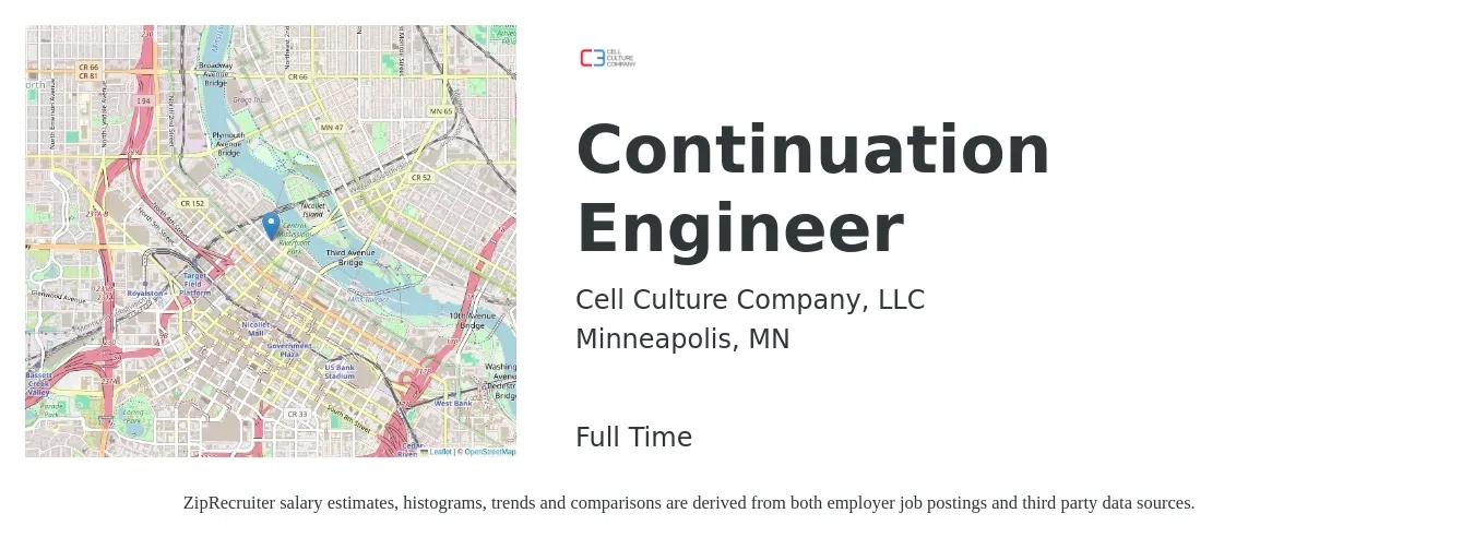 Cell Culture Company, LLC job posting for a Continuation Engineer in Minneapolis, MN with a salary of $87,000 to $120,700 Yearly with a map of Minneapolis location.