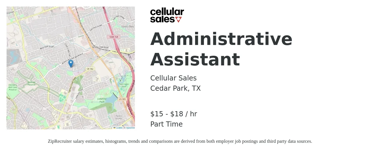 Cellular Sales job posting for a Administrative Assistant in Cedar Park, TX with a salary of $16 to $19 Hourly with a map of Cedar Park location.