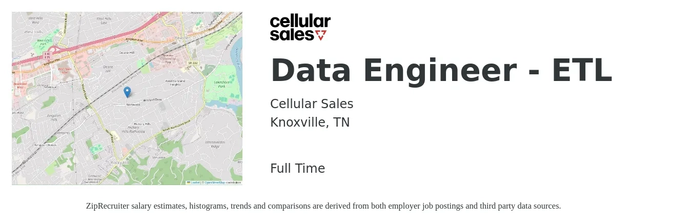 Cellular Sales job posting for a Data Engineer - ETL in Knoxville, TN with a salary of $45 to $54 Hourly with a map of Knoxville location.
