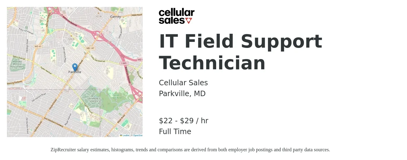 Cellular Sales job posting for a IT Field Support Technician in Parkville, MD with a salary of $23 to $31 Hourly with a map of Parkville location.