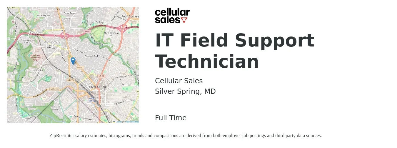 Cellular Sales job posting for a IT Field Support Technician in Silver Spring, MD with a salary of $22 to $30 Hourly with a map of Silver Spring location.