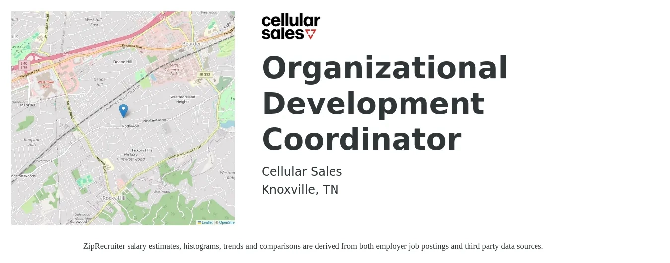 Cellular Sales job posting for a Organizational Development Coordinator in Knoxville, TN with a salary of $37,400 to $50,300 Yearly with a map of Knoxville location.