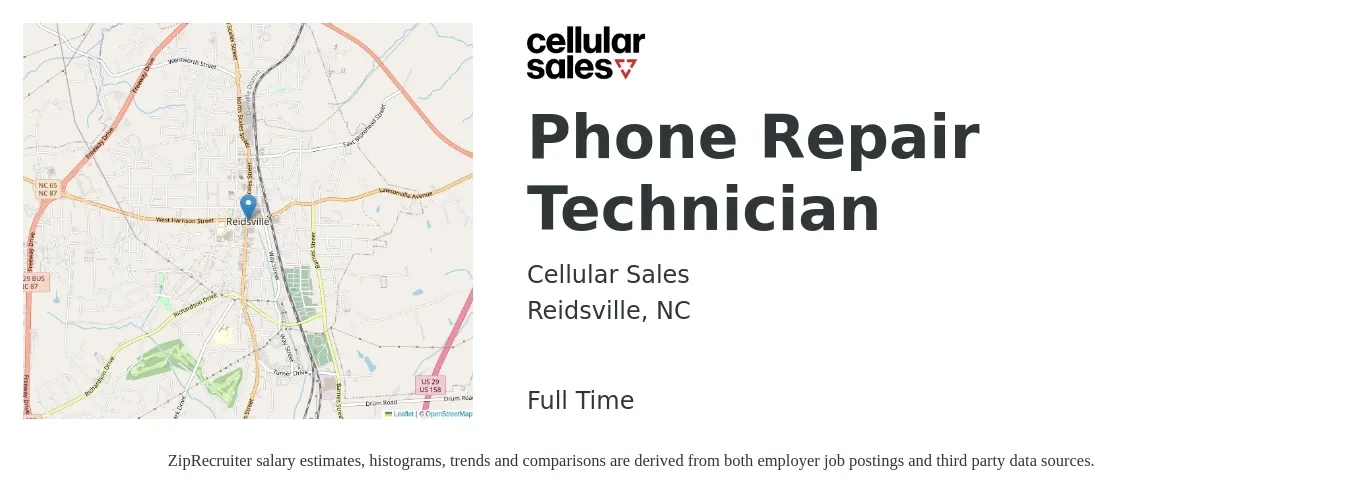 Cellular Sales job posting for a Phone Repair Technician in Reidsville, NC with a salary of $14 to $18 Hourly with a map of Reidsville location.