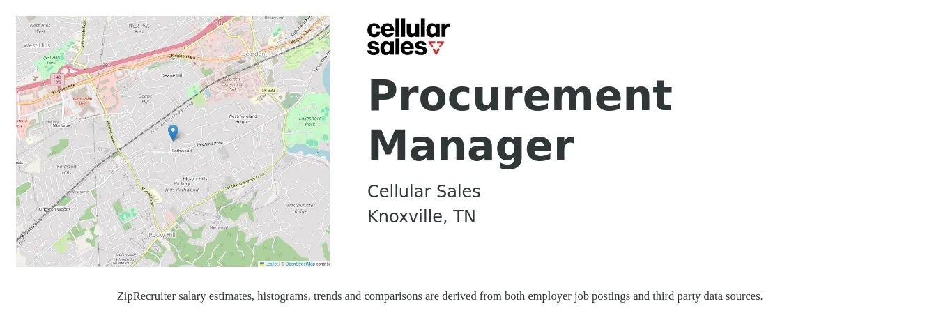 Cellular Sales job posting for a Procurement Manager in Knoxville, TN with a salary of $63,600 to $98,000 Yearly with a map of Knoxville location.