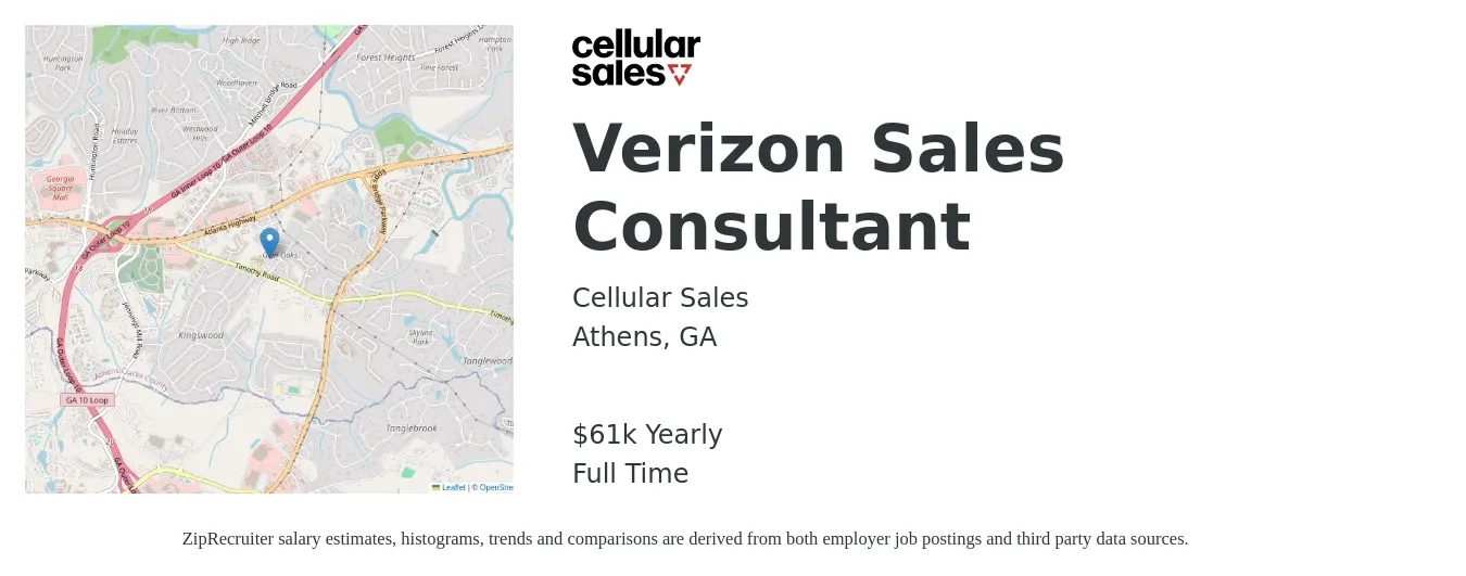 Cellular Sales job posting for a Verizon Sales Consultant in Athens, GA with a salary of $61,000 Yearly with a map of Athens location.