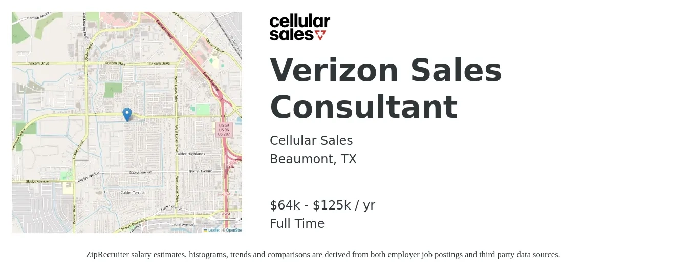 Cellular Sales job posting for a Verizon Sales Consultant in Beaumont, TX with a salary of $64,000 to $125,000 Yearly with a map of Beaumont location.