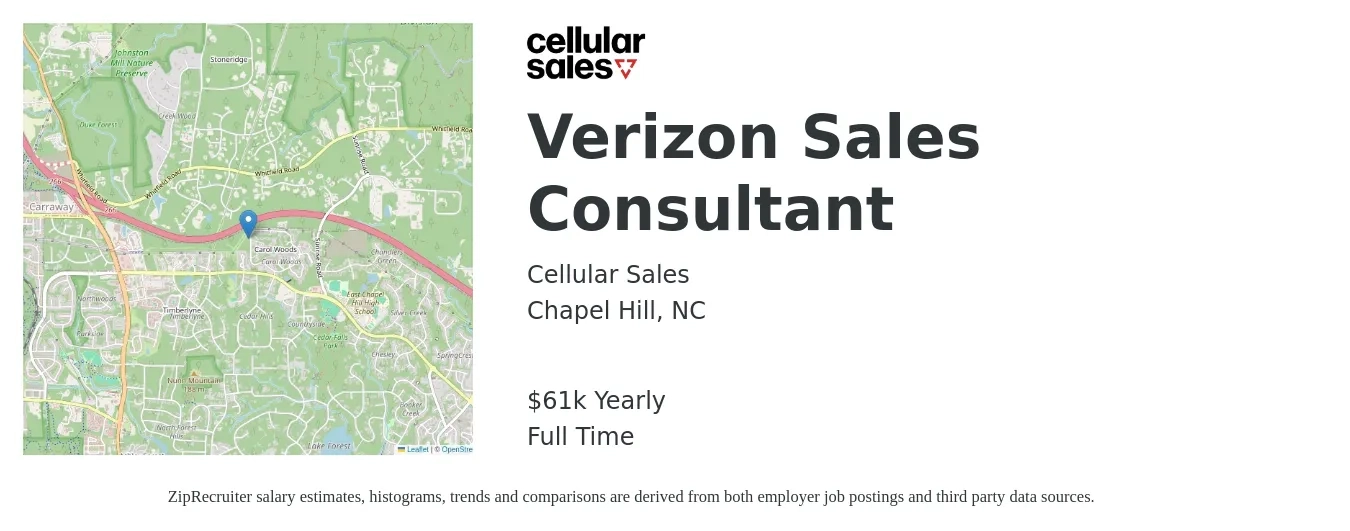 Cellular Sales job posting for a Verizon Sales Consultant in Chapel Hill, NC with a salary of $61,000 Yearly with a map of Chapel Hill location.