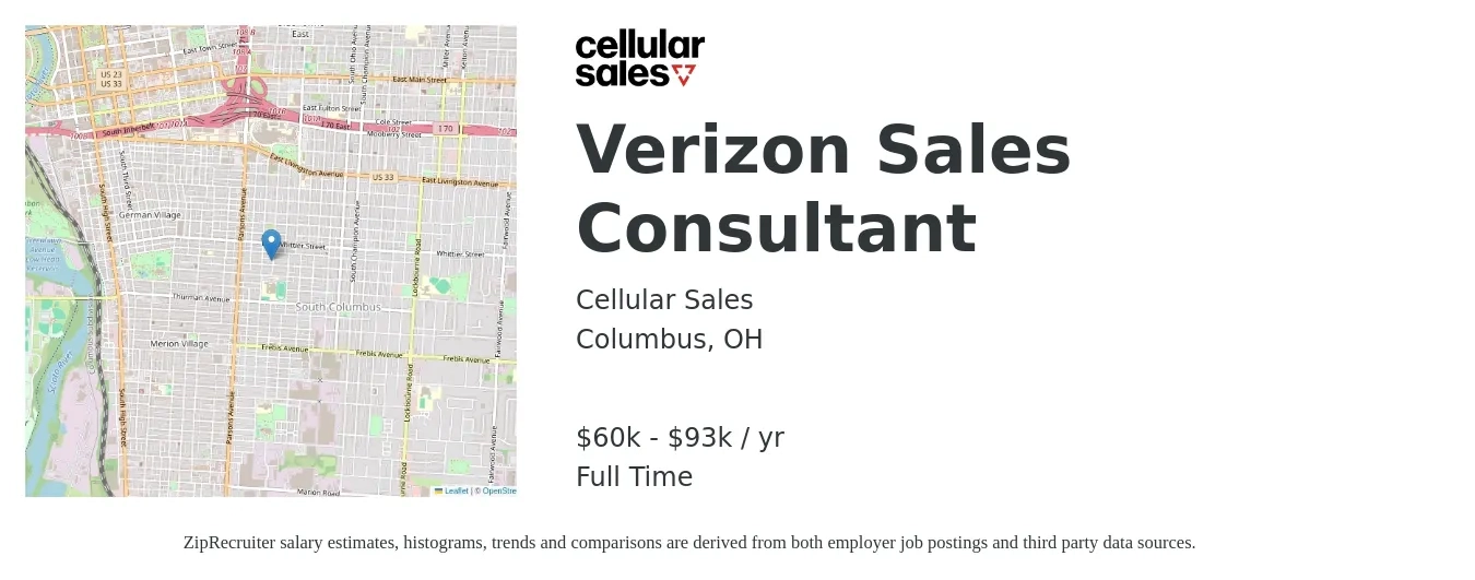Cellular Sales job posting for a Verizon Sales Consultant in Columbus, OH with a salary of $60,000 to $93,000 Yearly with a map of Columbus location.