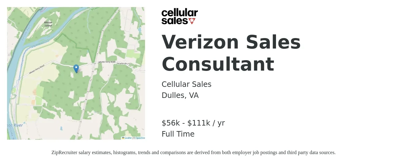 Cellular Sales job posting for a Verizon Sales Consultant in Dulles, VA with a salary of $56,000 to $111,000 Yearly with a map of Dulles location.