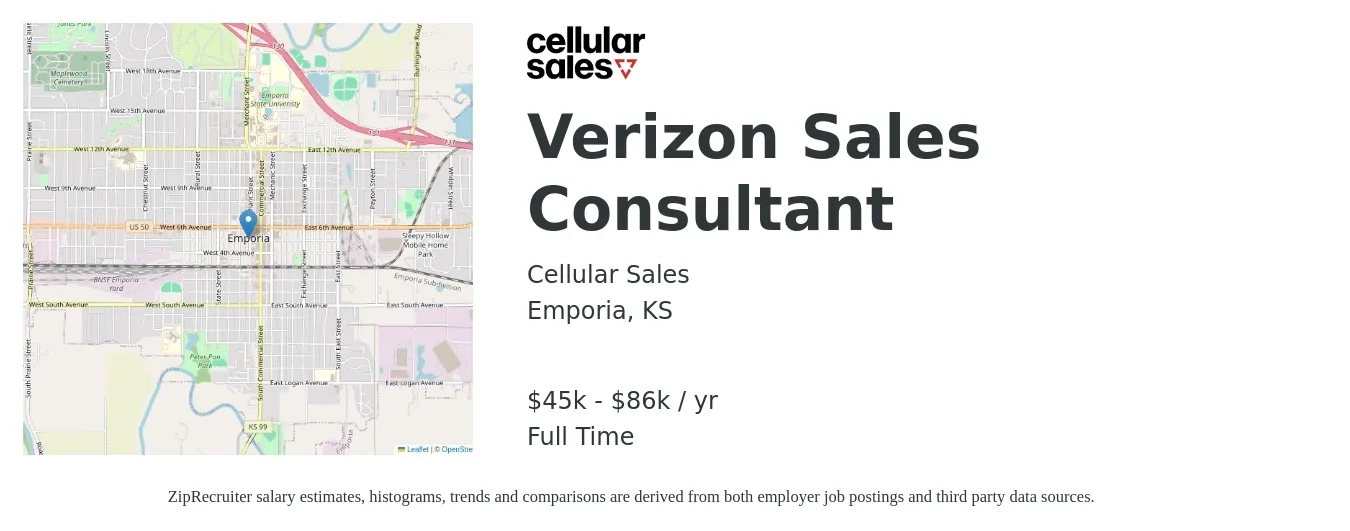 Cellular Sales job posting for a Verizon Sales Consultant in Emporia, KS with a salary of $45,000 to $86,000 Yearly with a map of Emporia location.