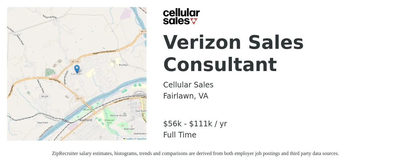 Cellular Sales job posting for a Verizon Sales Consultant in Fairlawn, VA with a salary of $56,000 to $111,000 Yearly with a map of Fairlawn location.