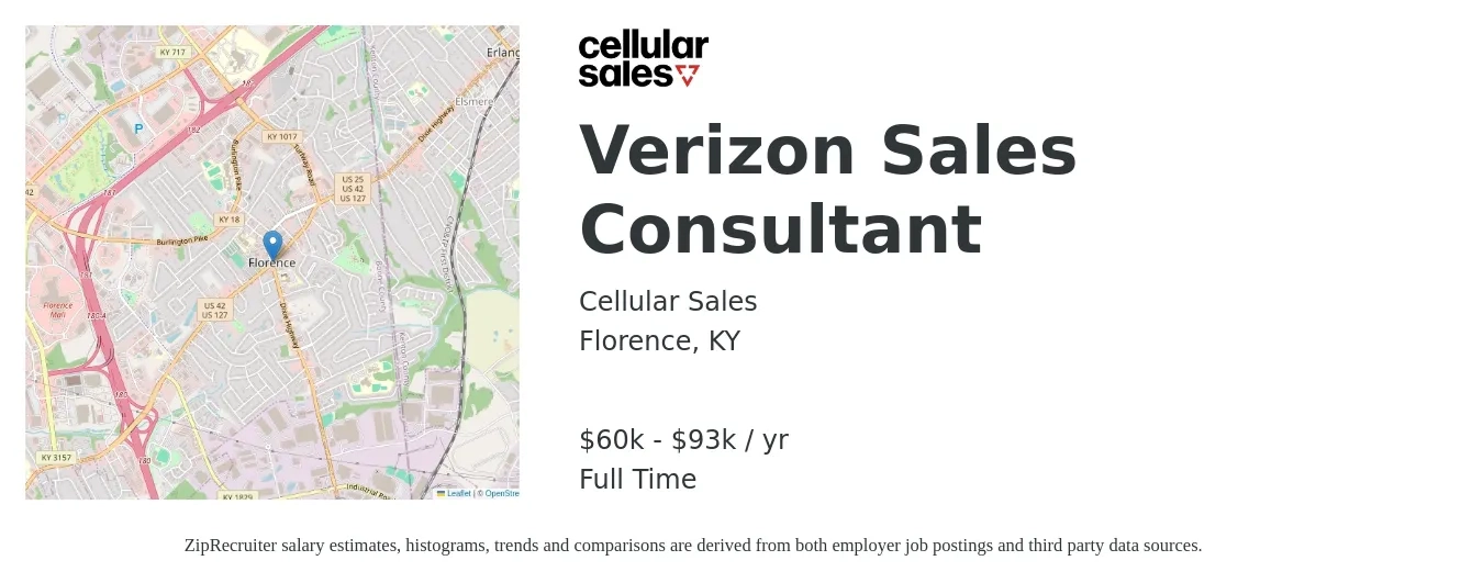 Cellular Sales job posting for a Verizon Sales Consultant in Florence, KY with a salary of $60,000 to $93,000 Yearly with a map of Florence location.