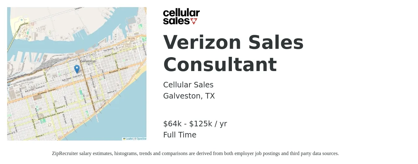 Cellular Sales job posting for a Verizon Sales Consultant in Galveston, TX with a salary of $64,000 to $125,000 Yearly with a map of Galveston location.