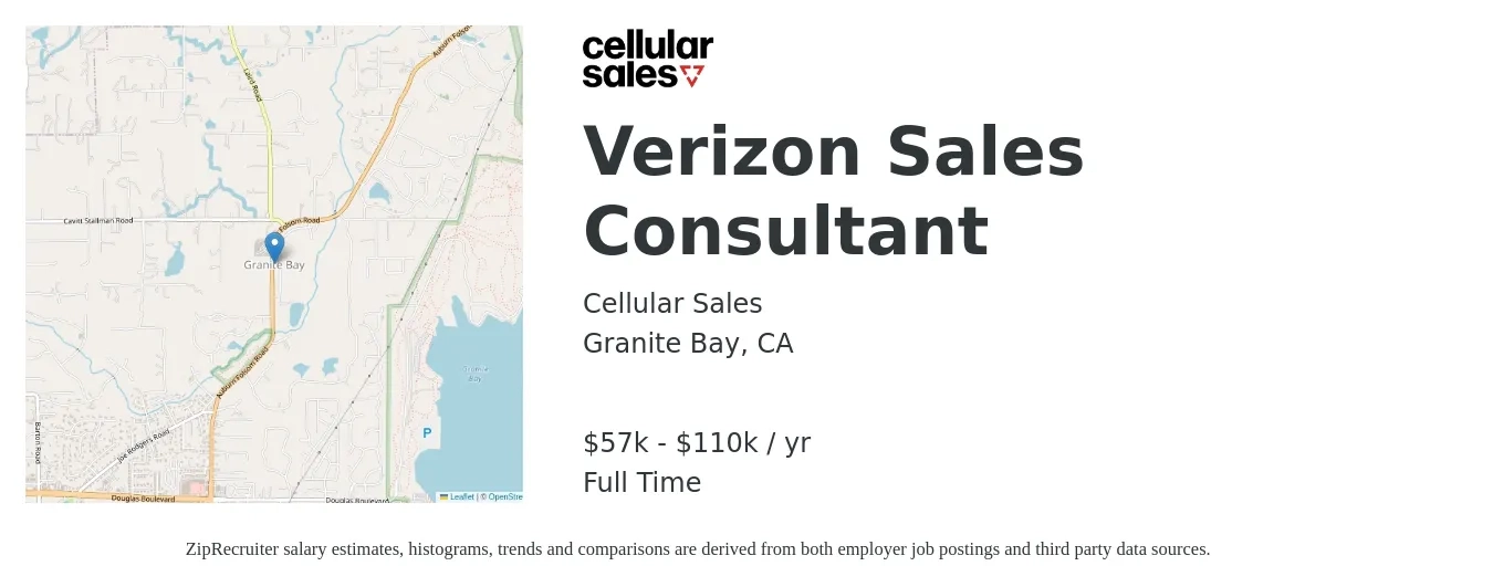 Cellular Sales job posting for a Verizon Sales Consultant in Granite Bay, CA with a salary of $57,600 to $110,000 Yearly with a map of Granite Bay location.