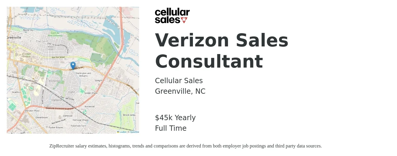 Cellular Sales job posting for a Verizon Sales Consultant in Greenville, NC with a salary of $45,000 Yearly with a map of Greenville location.