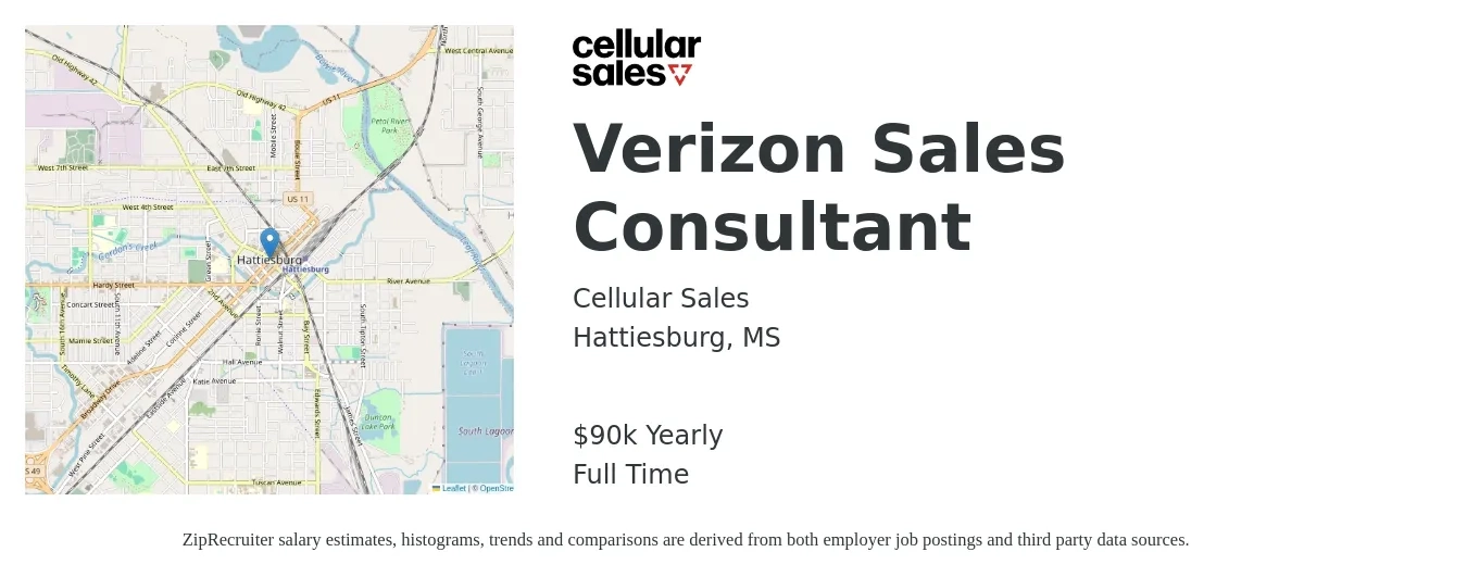 Cellular Sales job posting for a Verizon Sales Consultant in Hattiesburg, MS with a salary of $90,000 Yearly with a map of Hattiesburg location.