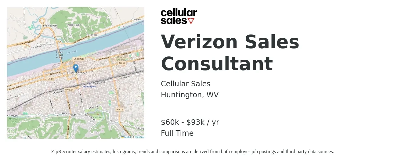 Cellular Sales job posting for a Verizon Sales Consultant in Huntington, WV with a salary of $60,000 to $93,000 Yearly with a map of Huntington location.