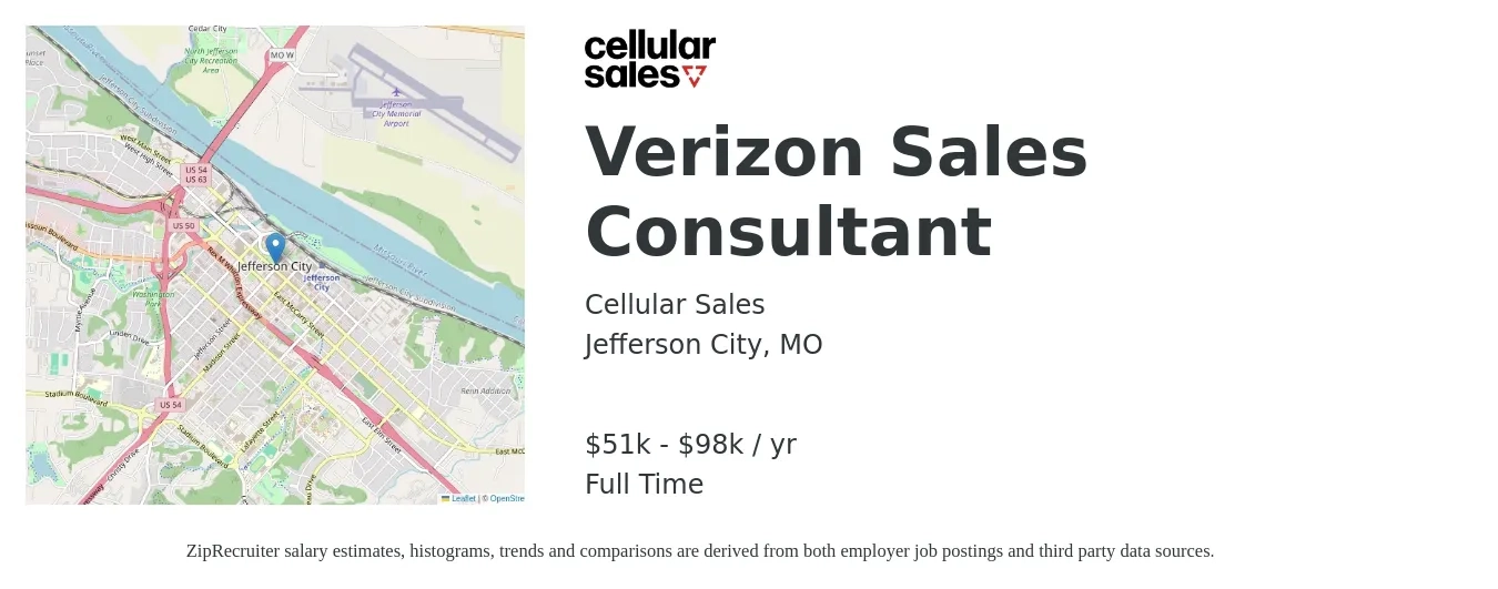 Cellular Sales job posting for a Verizon Sales Consultant in Jefferson City, MO with a salary of $51,000 to $98,000 Yearly with a map of Jefferson City location.