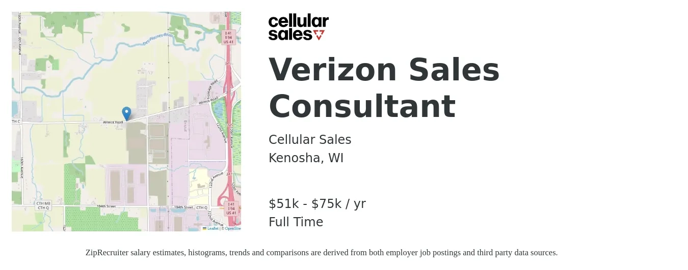 Cellular Sales job posting for a Verizon Sales Consultant in Kenosha, WI with a salary of $51,000 to $75,000 Yearly with a map of Kenosha location.