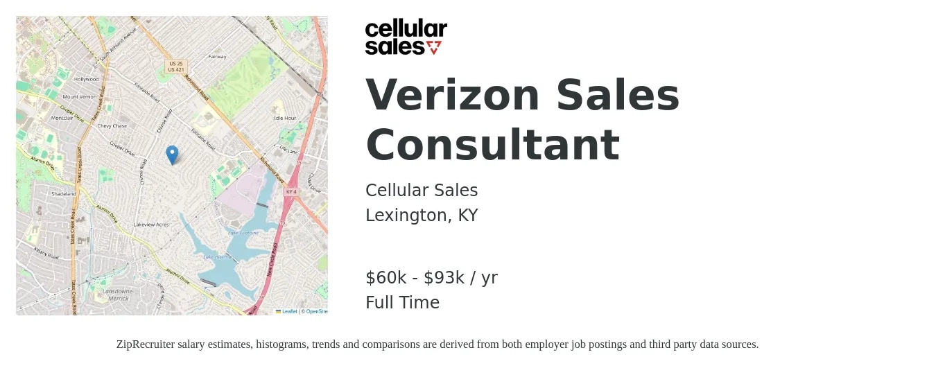 Cellular Sales job posting for a Verizon Sales Consultant in Lexington, KY with a salary of $60,000 to $93,000 Yearly with a map of Lexington location.