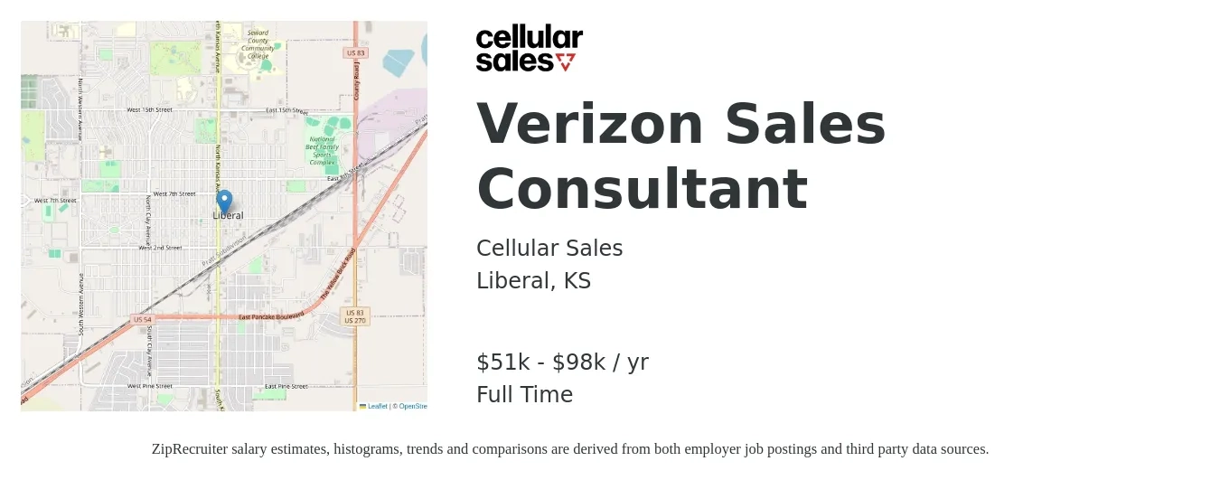 Cellular Sales job posting for a Verizon Sales Consultant in Liberal, KS with a salary of $51,000 to $98,000 Yearly with a map of Liberal location.