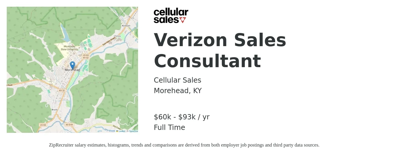 Cellular Sales job posting for a Verizon Sales Consultant in Morehead, KY with a salary of $60,000 to $93,000 Yearly with a map of Morehead location.