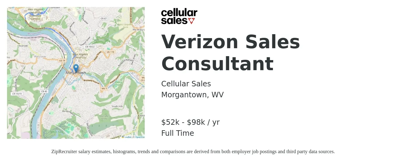 Cellular Sales job posting for a Verizon Sales Consultant in Morgantown, WV with a salary of $52,000 to $98,000 Yearly with a map of Morgantown location.