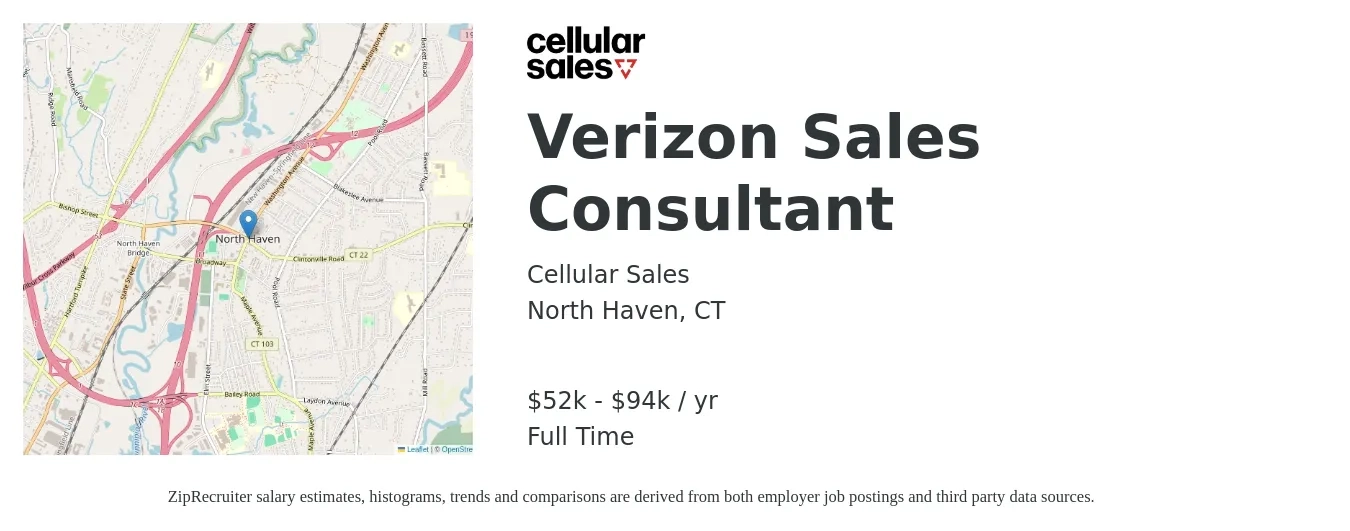 Cellular Sales job posting for a Verizon Sales Consultant in North Haven, CT with a salary of $52,000 to $94,000 Yearly with a map of North Haven location.