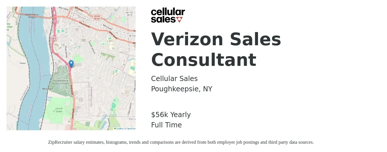 Cellular Sales job posting for a Verizon Sales Consultant in Poughkeepsie, NY with a salary of $56,000 Yearly with a map of Poughkeepsie location.