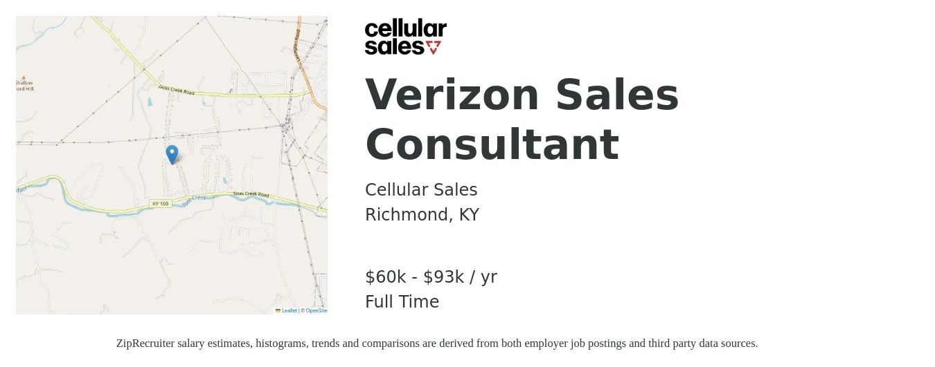 Cellular Sales job posting for a Verizon Sales Consultant in Richmond, KY with a salary of $60,000 to $93,000 Yearly with a map of Richmond location.