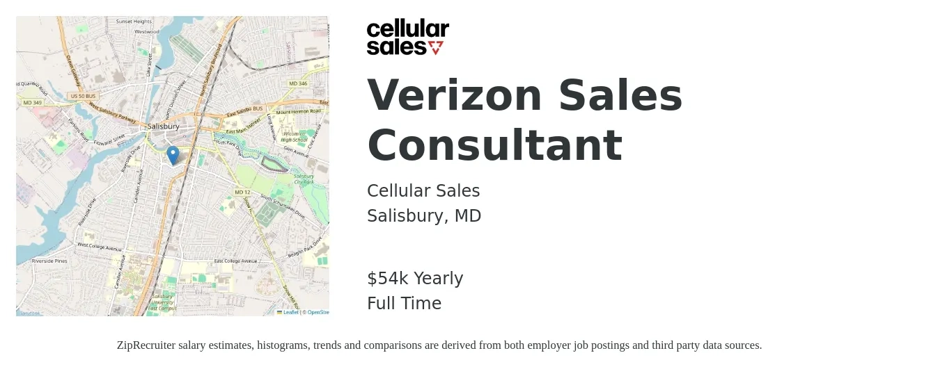 Cellular Sales job posting for a Verizon Sales Consultant in Salisbury, MD with a salary of $54,000 Yearly with a map of Salisbury location.