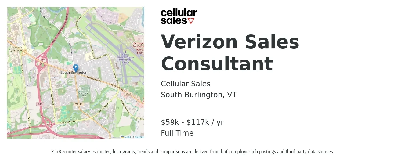 Cellular Sales job posting for a Verizon Sales Consultant in South Burlington, VT with a salary of $59,000 to $117,000 Yearly with a map of South Burlington location.