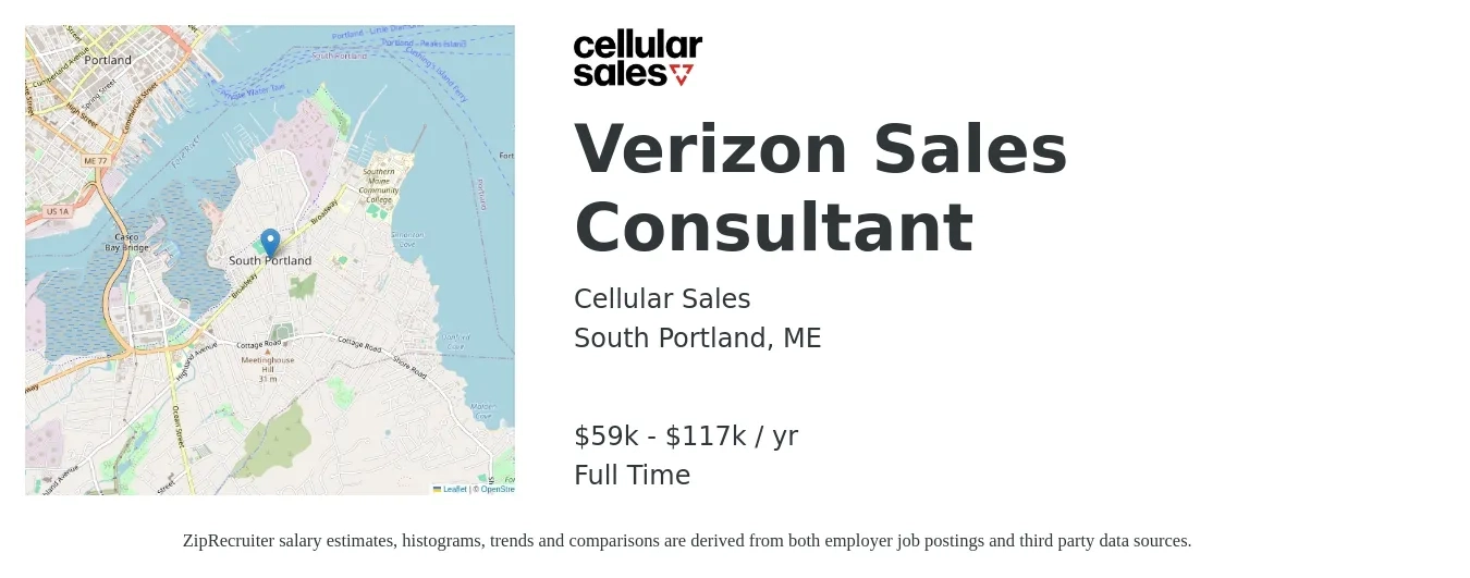 Cellular Sales job posting for a Verizon Sales Consultant in South Portland, ME with a salary of $59,000 to $117,000 Yearly with a map of South Portland location.