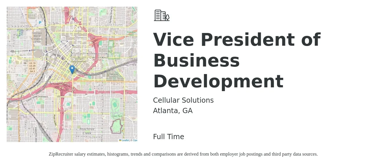 Cellular Solutions job posting for a Vice President of Business Development in Atlanta, GA with a salary of $114,400 to $185,600 Yearly with a map of Atlanta location.