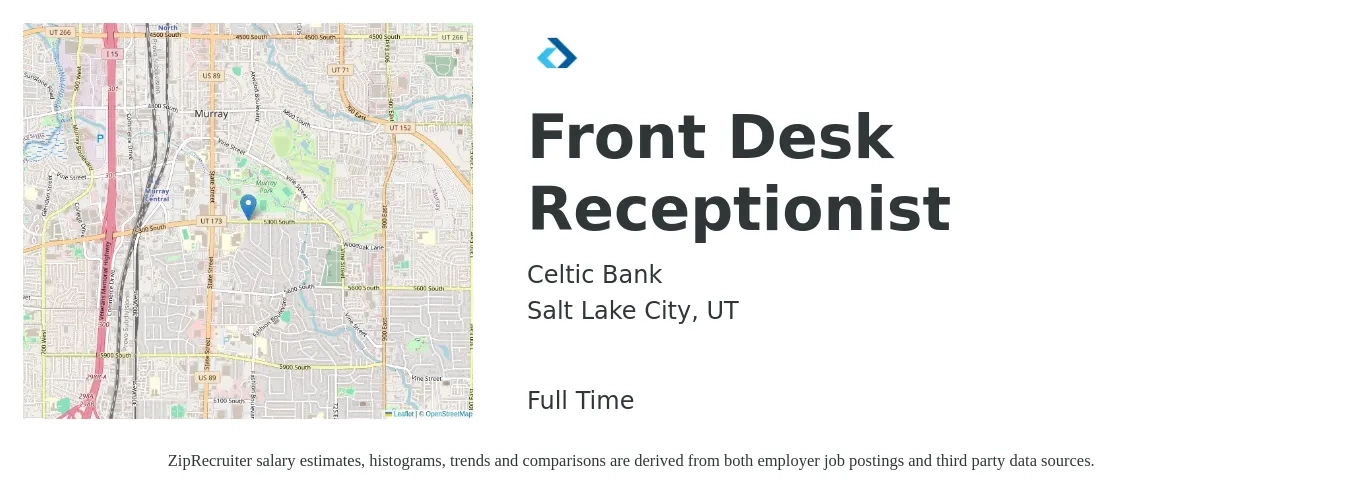 Celtic Bank job posting for a Front Desk Receptionist in Salt Lake City, UT with a salary of $14 to $19 Hourly with a map of Salt Lake City location.