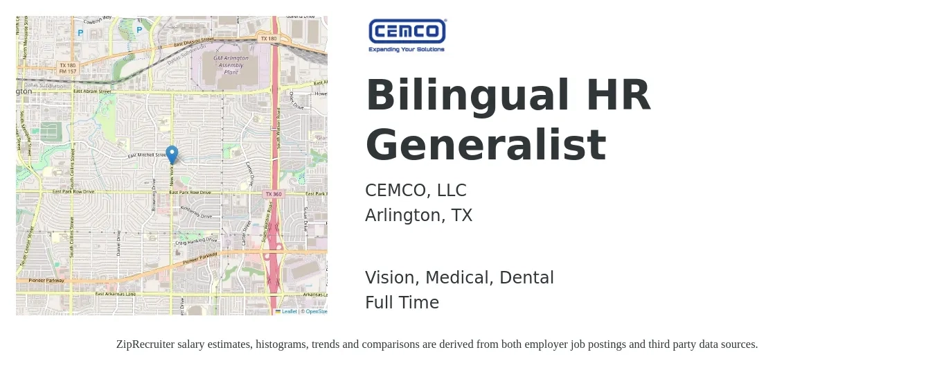 CEMCO, LLC job posting for a Bilingual HR Generalist in Arlington, TX with a salary of $45,000 to $63,000 Yearly and benefits including medical, retirement, vision, dental, and life_insurance with a map of Arlington location.