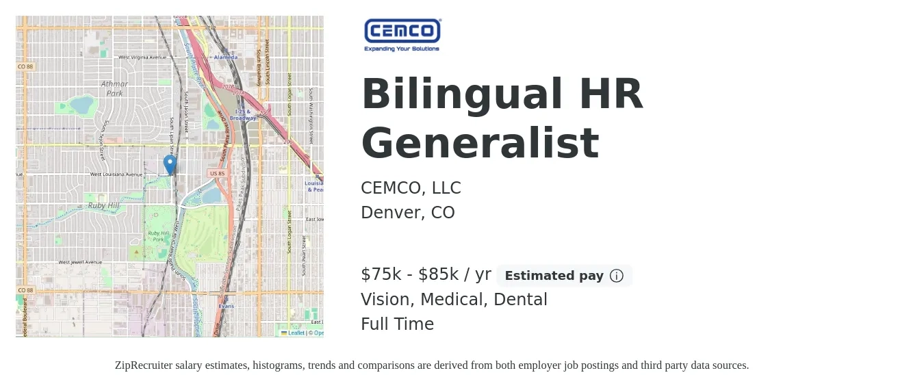 CEMCO, LLC job posting for a Bilingual HR Generalist in Denver, CO with a salary of $75,000 to $85,000 Yearly and benefits including medical, retirement, vision, dental, and life_insurance with a map of Denver location.