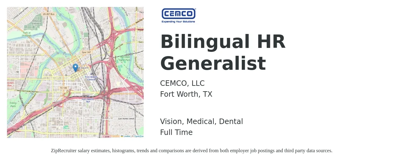 CEMCO, LLC job posting for a Bilingual HR Generalist in Fort Worth, TX with a salary of $47,900 to $67,100 Yearly and benefits including dental, life_insurance, medical, retirement, and vision with a map of Fort Worth location.