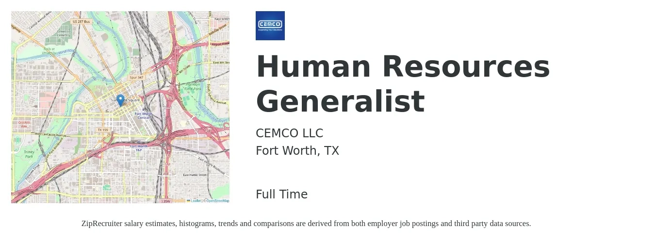 CEMCO LLC job posting for a Human Resources Generalist in Fort Worth, TX with a salary of $49,800 to $70,900 Yearly with a map of Fort Worth location.