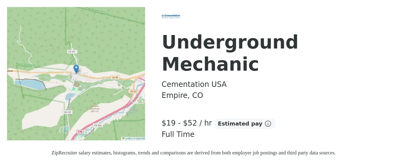 Cementation USA job posting for a Underground Mechanic in Empire, CO with a salary of $20 to $55 Hourly with a map of Empire location.