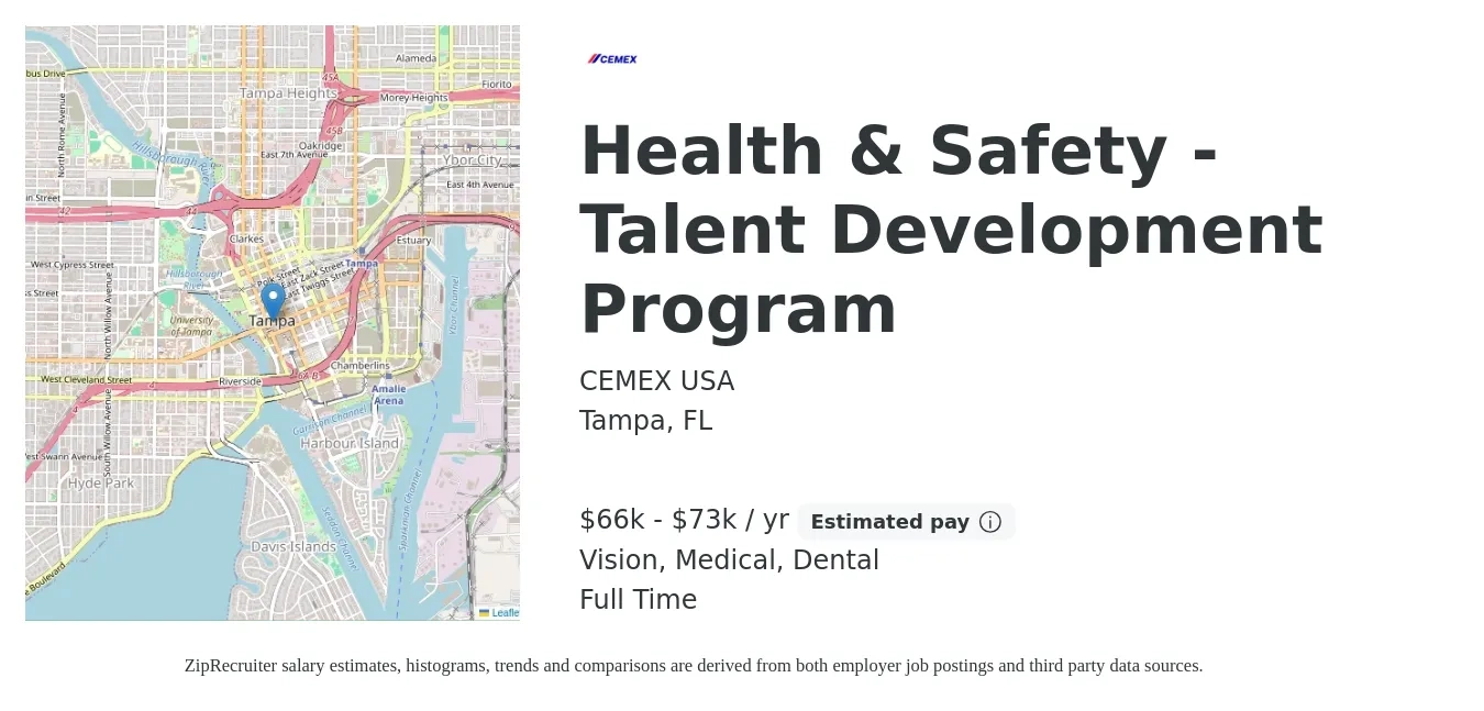CEMEX USA job posting for a Health & Safety - Talent Development Program in Tampa, FL with a salary of $66,000 to $73,000 Yearly and benefits including vision, dental, medical, and pto with a map of Tampa location.