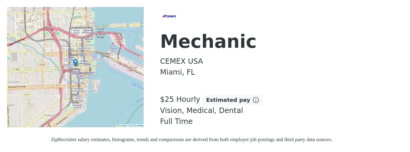 CEMEX USA job posting for a Mechanic in Miami, FL with a salary of $26 Hourly and benefits including medical, pto, vision, and dental with a map of Miami location.