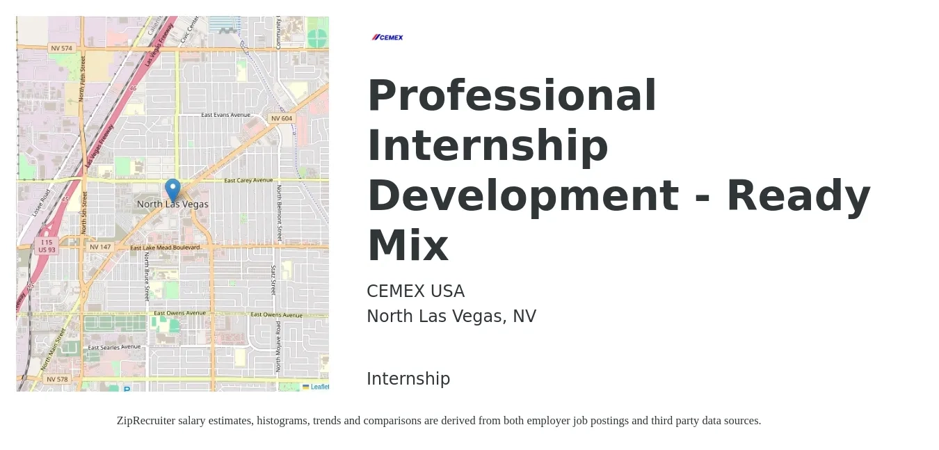 CEMEX USA job posting for a Professional Internship Development - Ready Mix in North Las Vegas, NV with a salary of $16 to $21 Hourly and benefits including dental, life_insurance, medical, retirement, and vision with a map of North Las Vegas location.