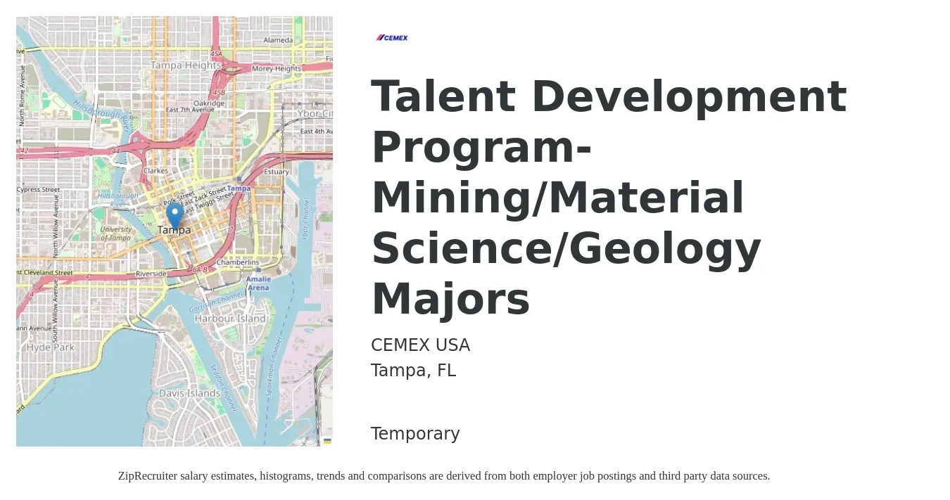 CEMEX USA job posting for a Talent Development Program- Mining/Material Science/Geology Majors in Tampa, FL with a salary of $38 to $40 Hourly with a map of Tampa location.