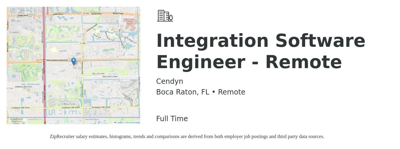 Cendyn job posting for a Integration Software Engineer - Remote in Boca Raton, FL with a salary of $99,000 to $133,300 Yearly with a map of Boca Raton location.