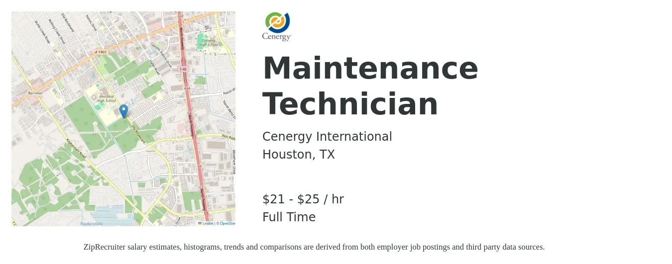 Cenergy International job posting for a Maintenance Technician in Houston, TX with a salary of $22 to $27 Hourly with a map of Houston location.