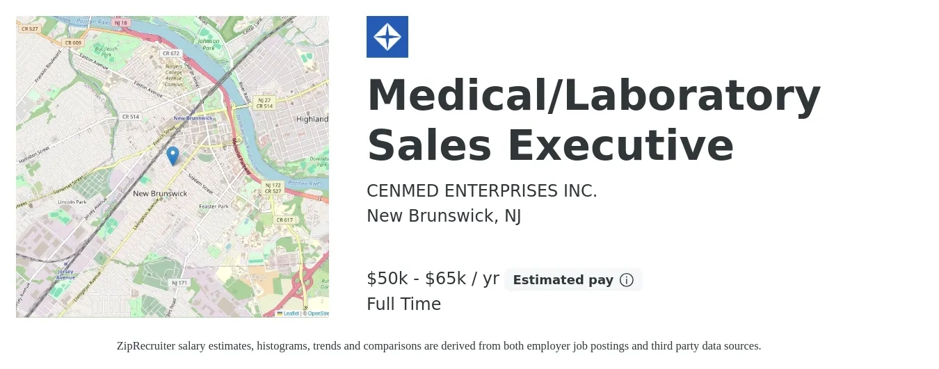 CENMED ENTERPRISES INC. job posting for a Medical/Laboratory Sales Executive in New Brunswick, NJ with a salary of $50,000 to $65,000 Yearly with a map of New Brunswick location.