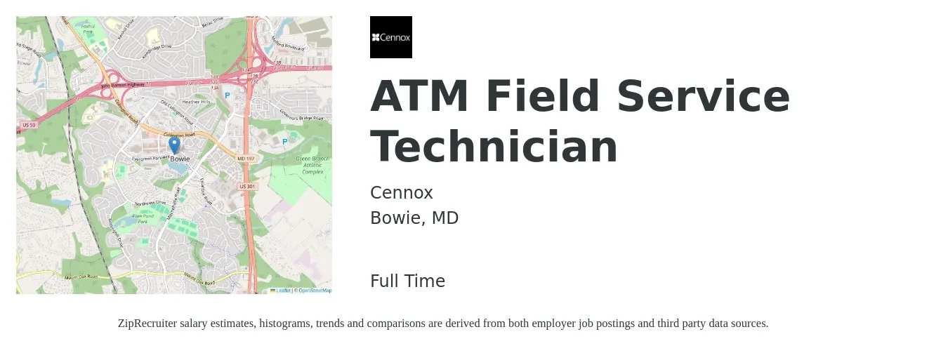Cennox job posting for a ATM Field Service Technician in Bowie, MD with a salary of $20 to $30 Hourly with a map of Bowie location.