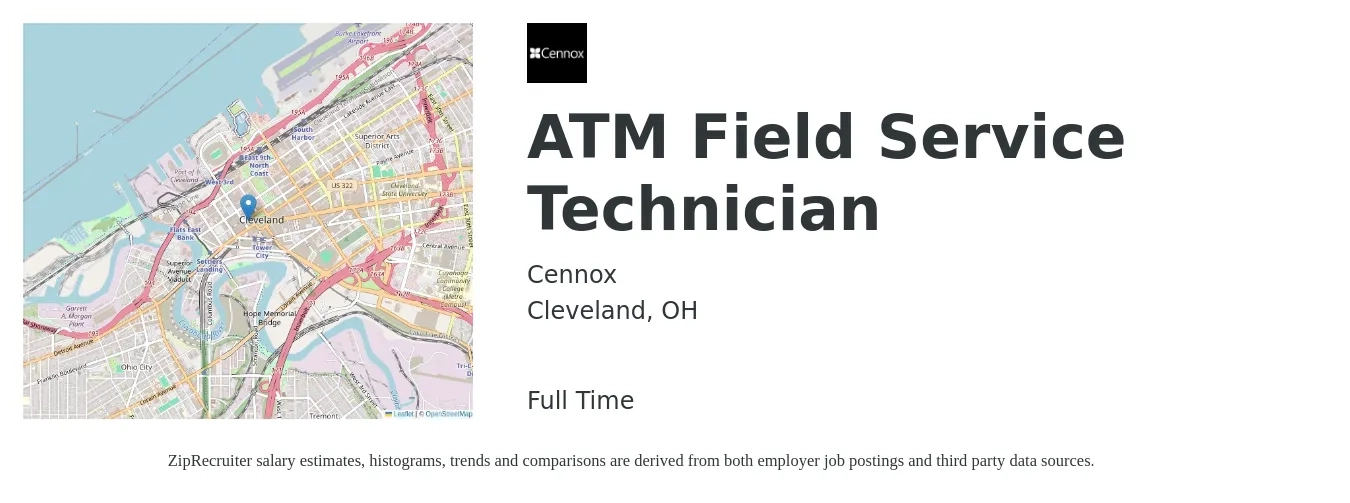 Cennox job posting for a ATM Field Service Technician in Cleveland, OH with a salary of $20 to $29 Hourly with a map of Cleveland location.